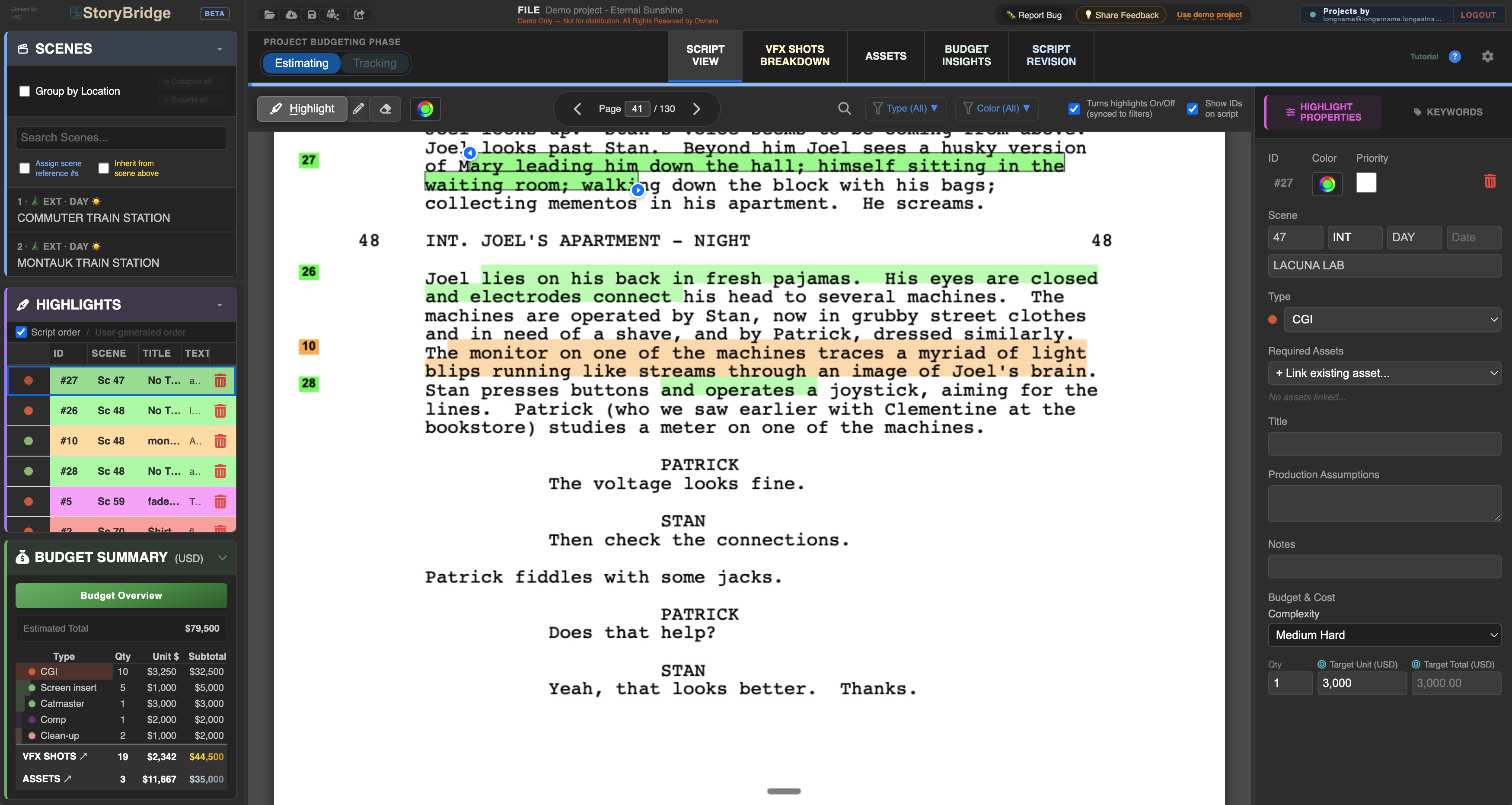 Script Overview Page StoryBridge — VFX Script Breakdown Tool | hssg.ai